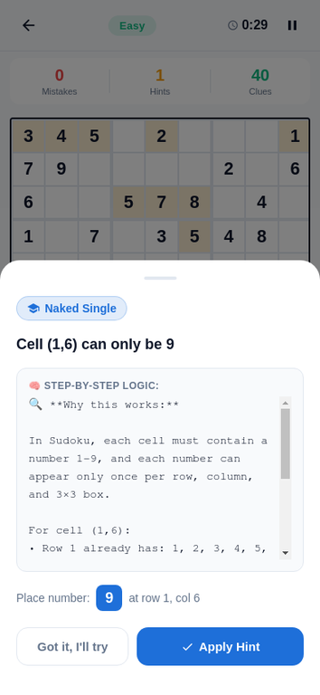 Sudoku Coach hint screen